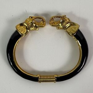 Vintage Kenneth Jay Lane KJL Signed Black Enamel Elephant Heads Cuff Bracelet